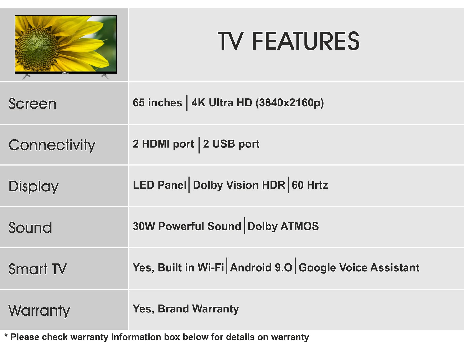 SkyWall™ TV 4K Ultra HD TV SkyWall 165 cm (65 inches) 4K Ultra HD Smart Android LED TV 65SW4K-Voice | Built-in Google Assistant