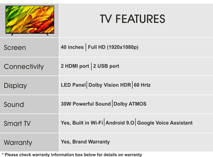 TV features list with screen size, connectivity, display, sound, smart TV, and warranty details