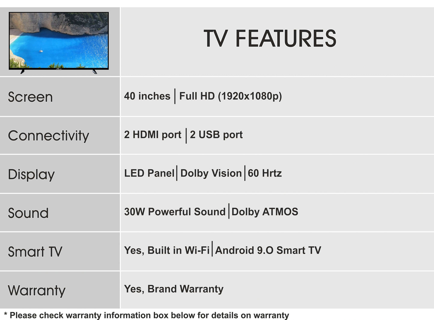 TV features list with screen size, connectivity, display, sound, smart TV, and warranty details.
