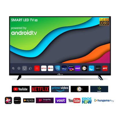Smart LED TV with Android TV branding and streaming app logos on a white background