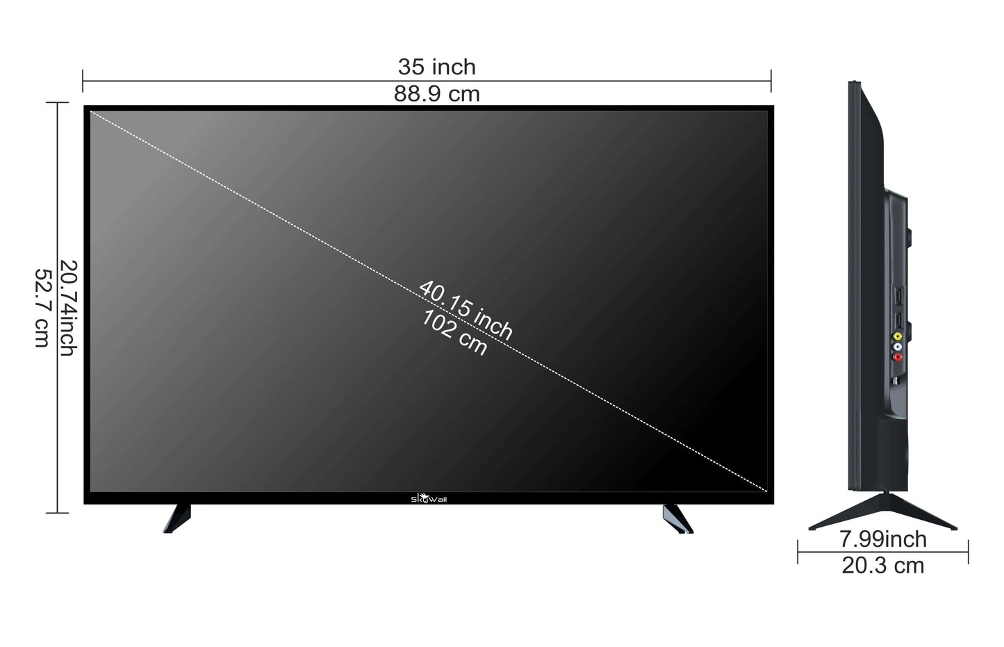 Measurement chart of a television screen with dimensions labeled