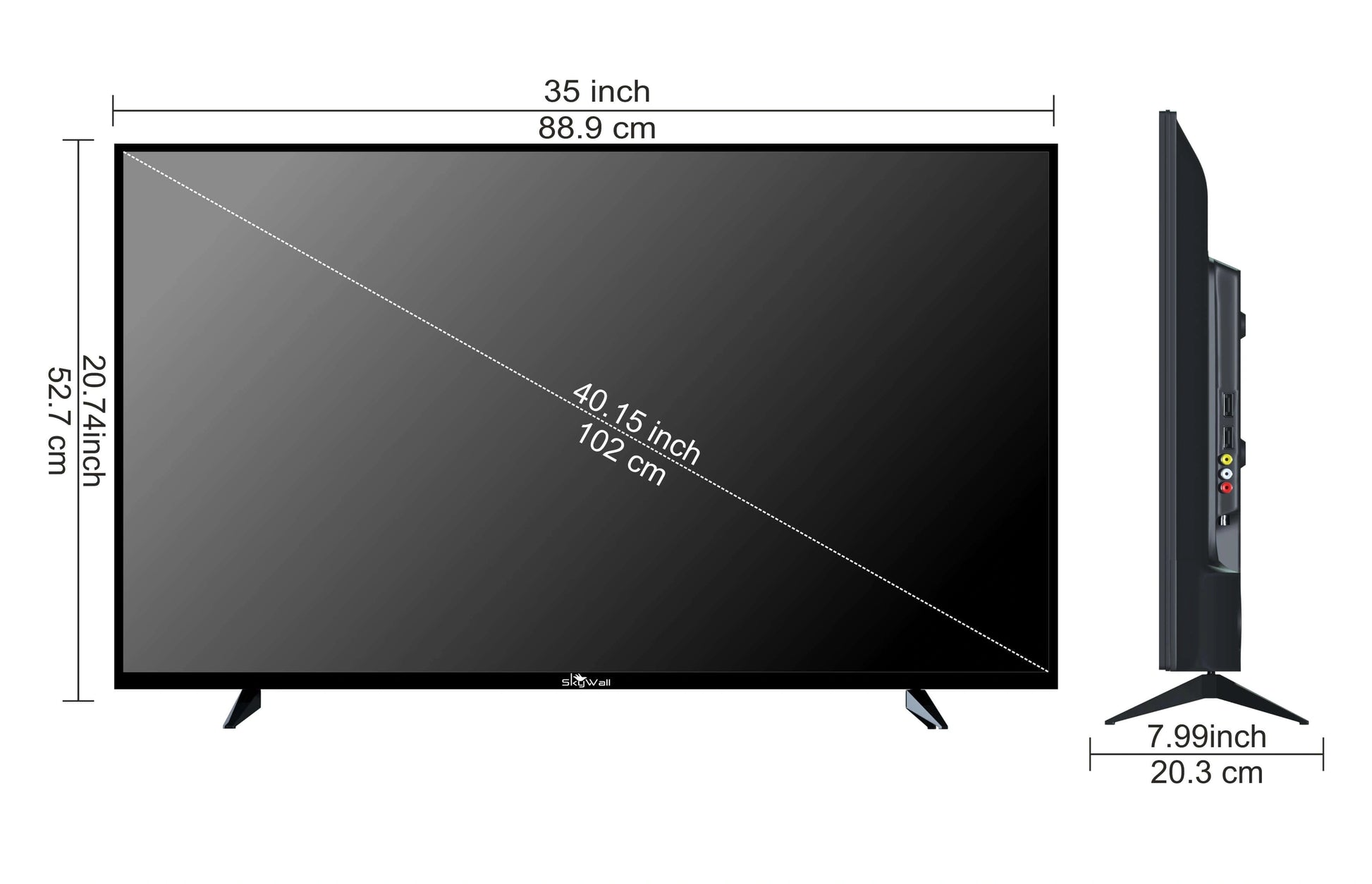 Measurement chart of a television screen with dimensions labeled