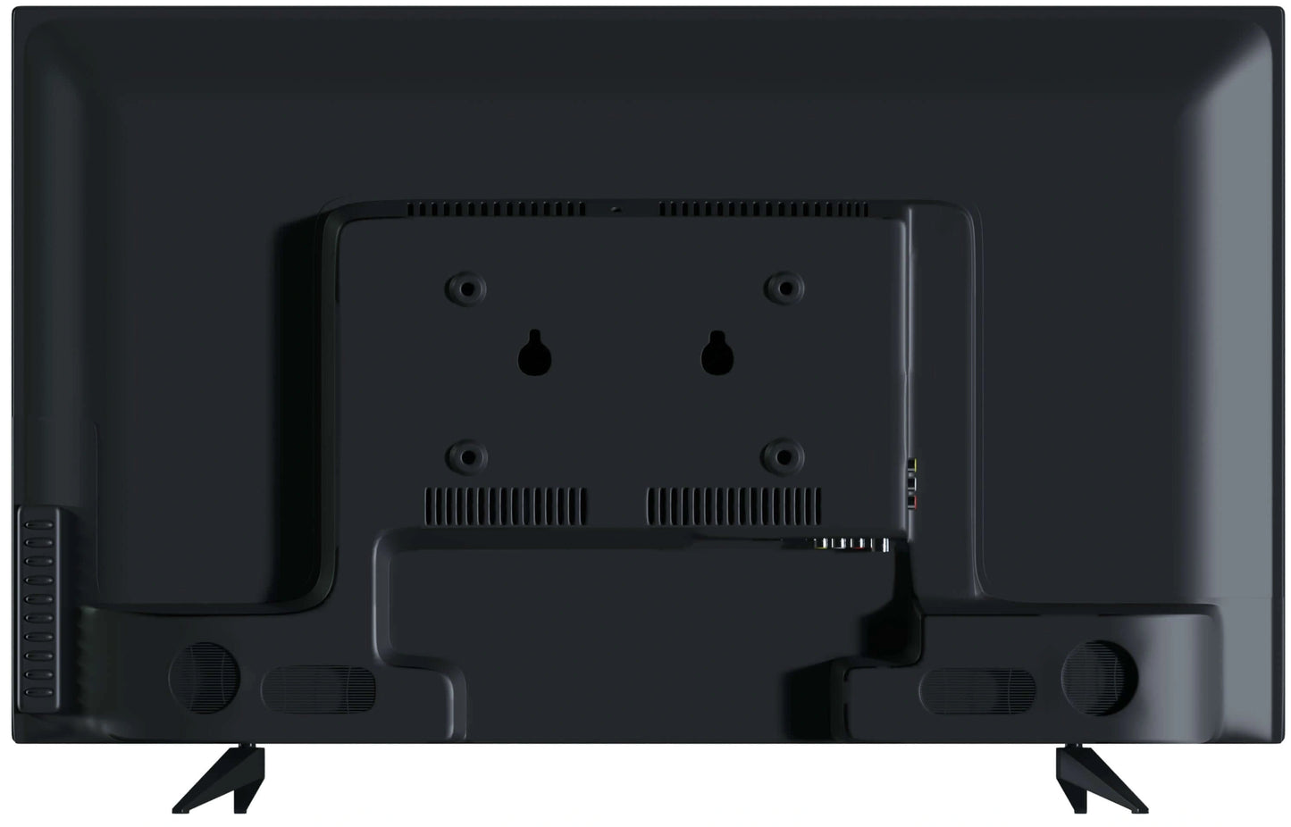 Back view of a black flat-screen TV on a white background