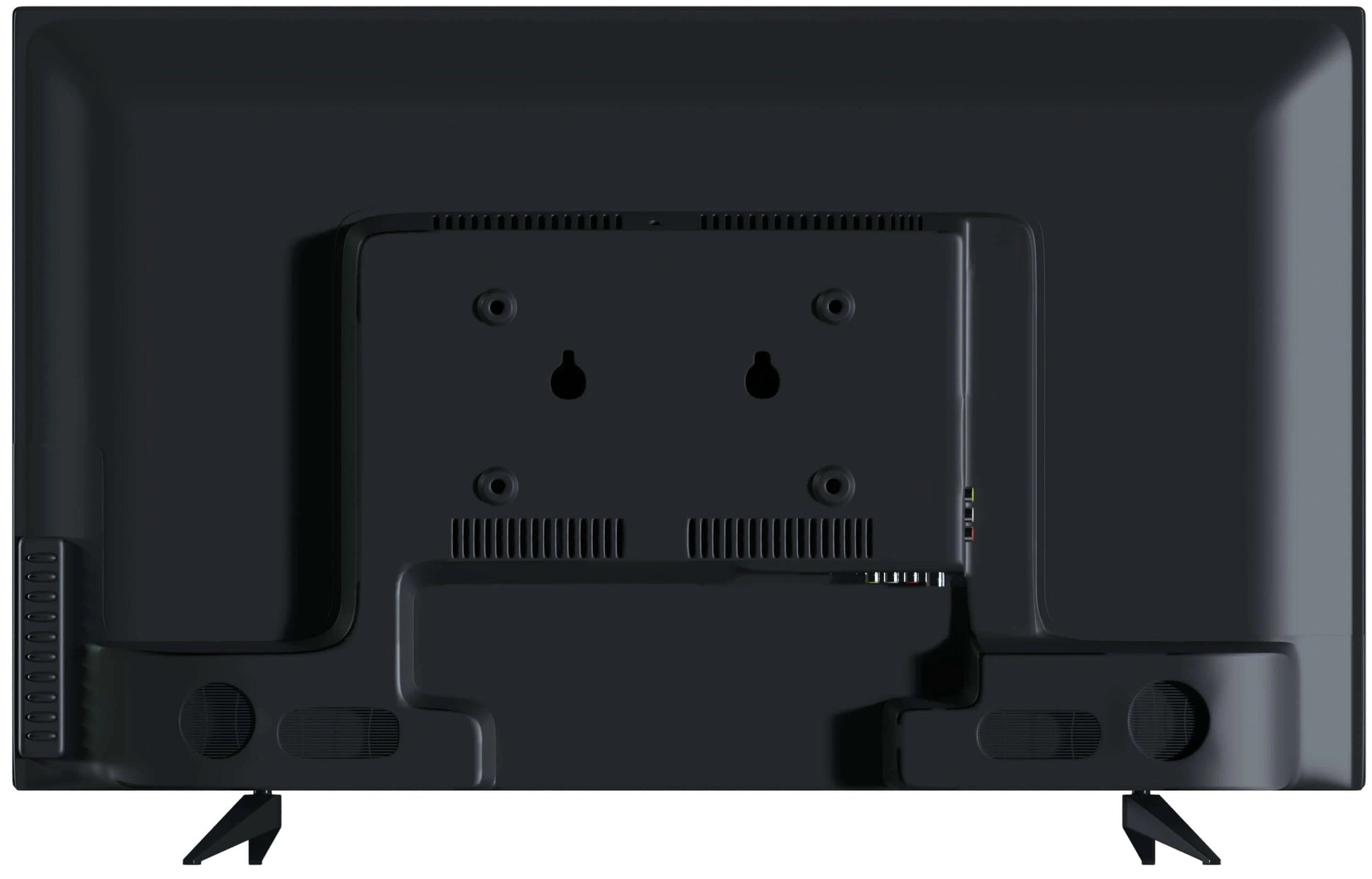 Back view of a black flat-screen TV on a white background