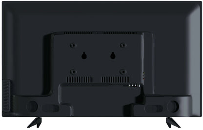 Back view of a black flat-screen TV on a white background